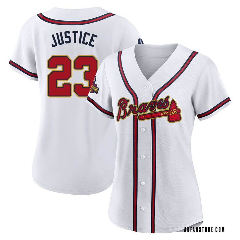 Gold David Justice Women's Atlanta Braves White 2022 Program Jersey - Replica Plus Size