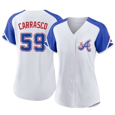 White Carlos Carrasco Women's Atlanta Braves 2023 City Connect Jersey - Replica Plus Size
